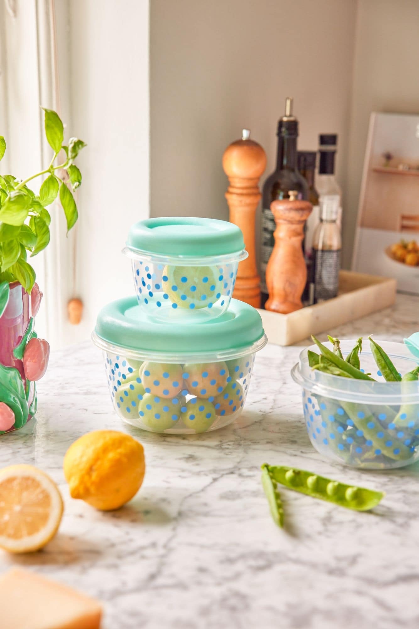 סט 3 קופסאות פלסטיק עגולות עם נקודות תכלת