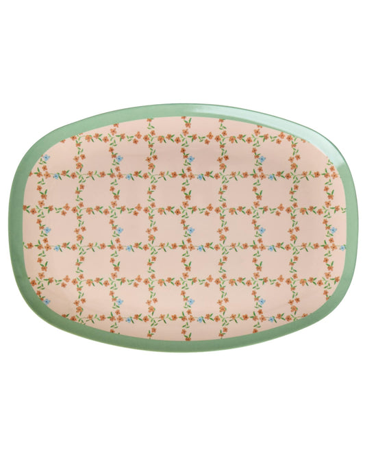 מגש מלמין פרחים במשבצות רקע ורוד רך