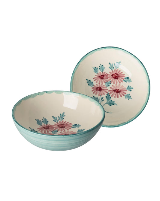 קערת קרמיקה גדולה בעבודת יד   - ירוק עם פרחים ורודים