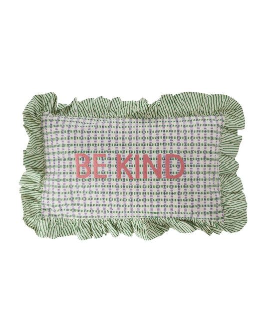 כרית מלבנית ירוקה משובצת עם רקמה - BE KIND