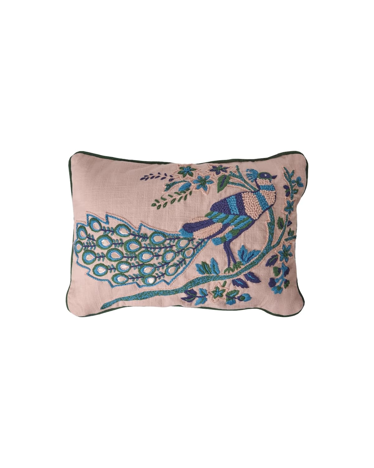 כרית מלבנית ורודה עם רקמה - טווס ופרחים