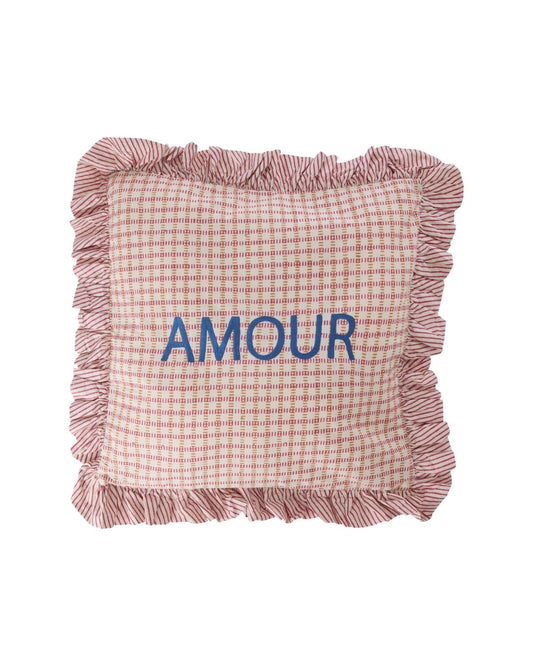 כרית מרובעת ורודה משובצת עם רקמה - AMOUR