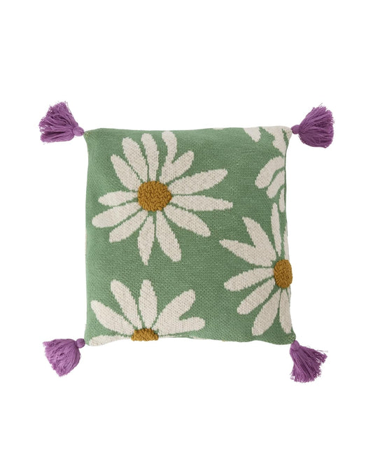 כרית כותנה סרוגה ירוקה עם רקמת פרחים