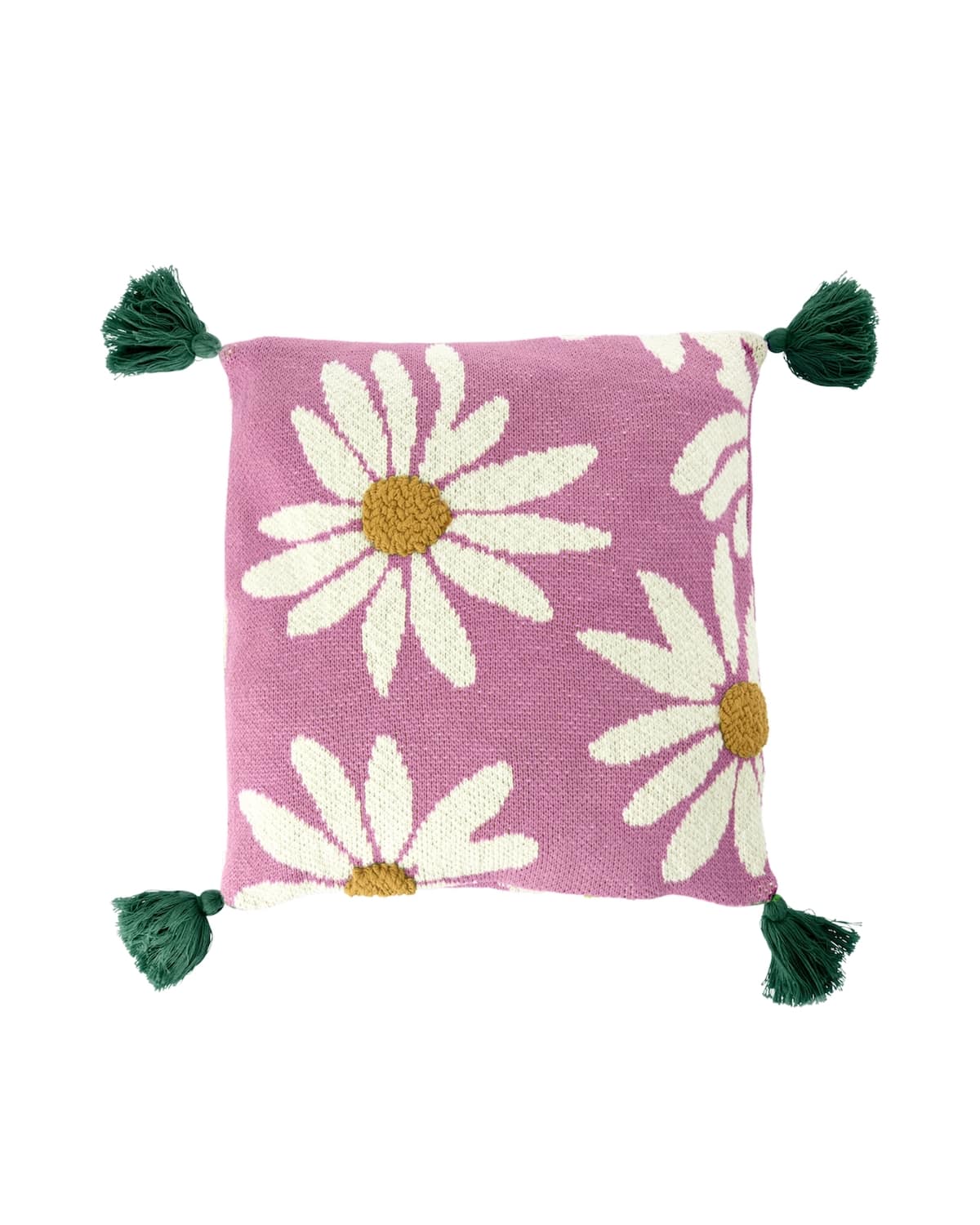 כרית כותנה סרוגה ורודה עם רקמת פרחים