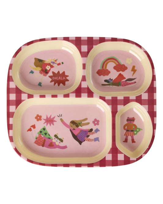 צלחת מלמין מחולקת - גיבורי על ורוד