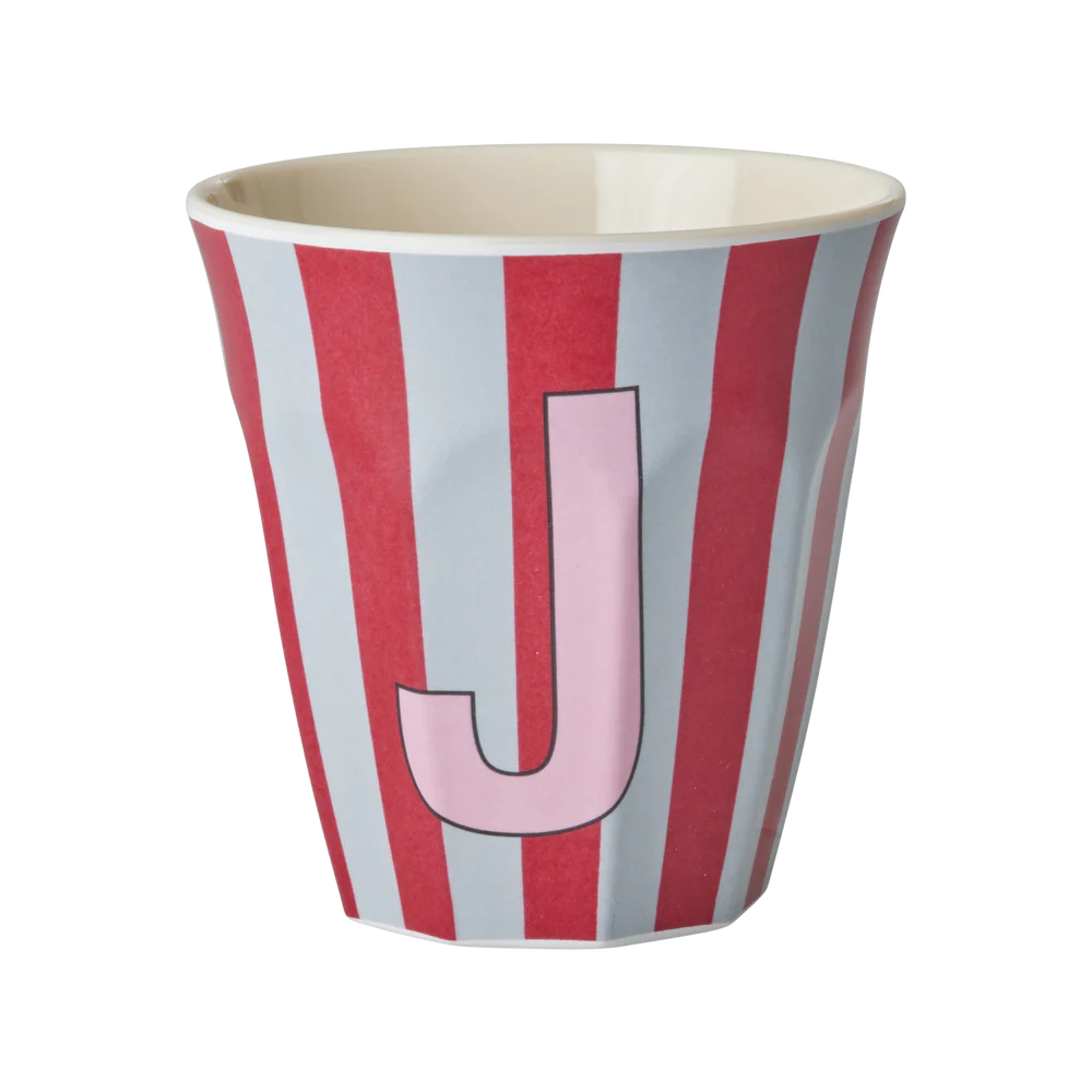 כוס מלמין אות J פסים אדום אפור