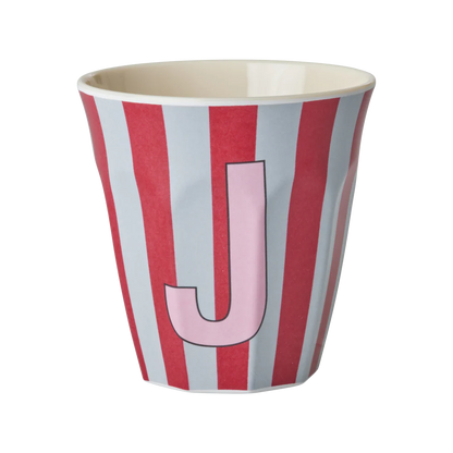 כוס מלמין אות J פסים אדום אפור