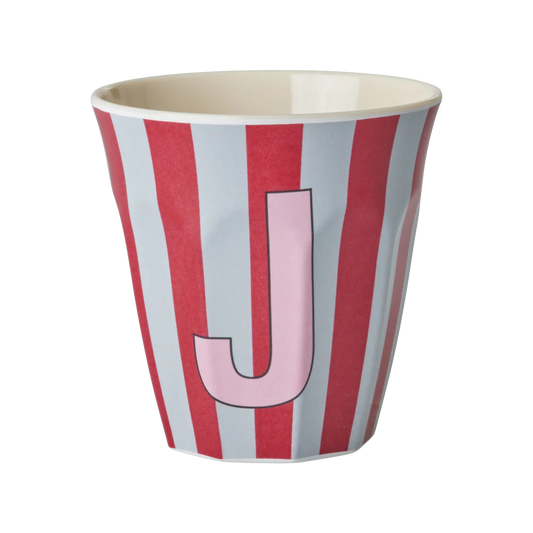 כוס מלמין אות J פסים אדום אפור