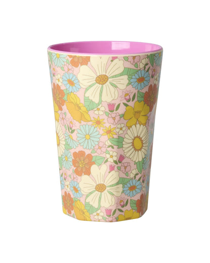 כוס מלמין לאטה - FLOWER POWER רקע ורוד