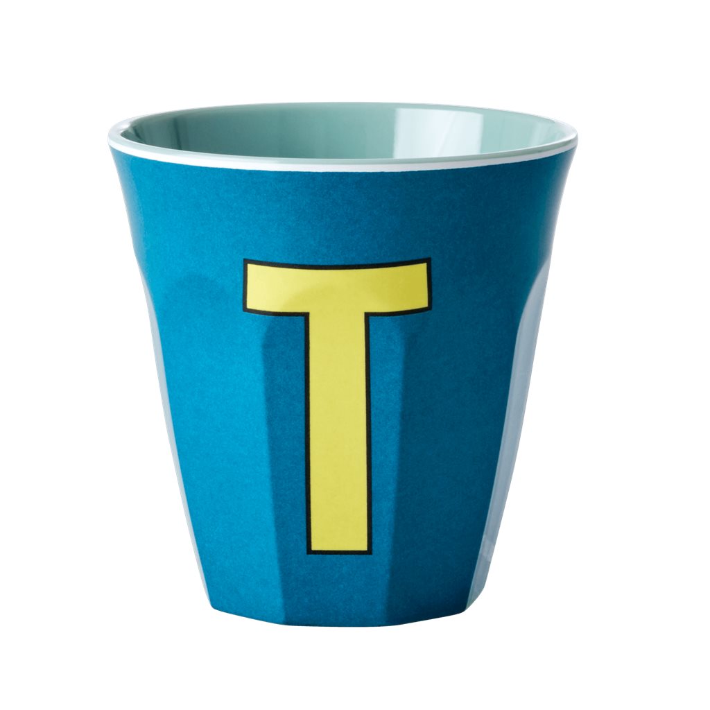 כוס מלמין אות T צהוב רקע טורקיז
